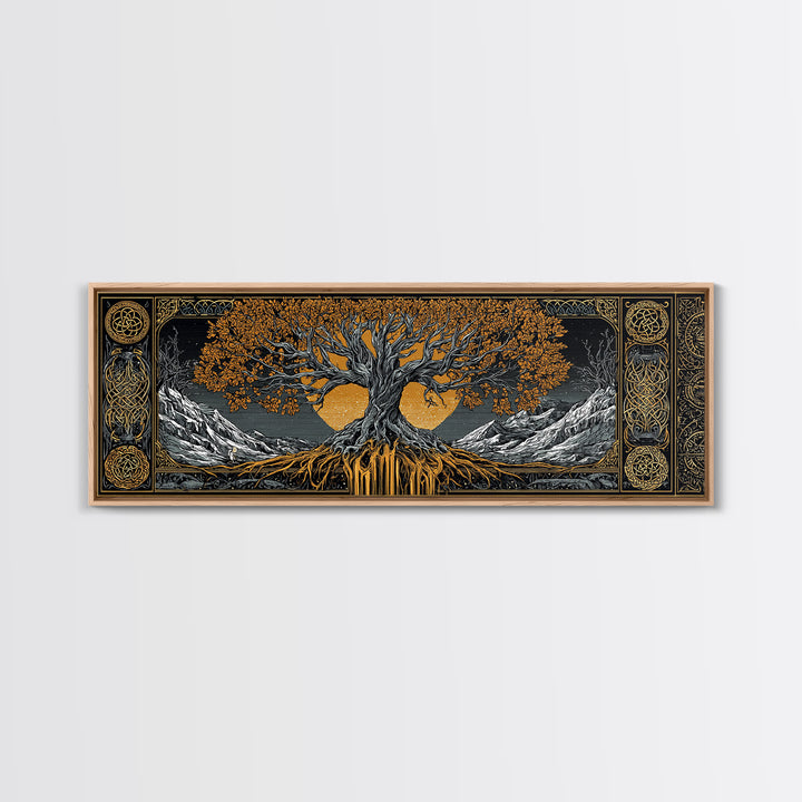 Yggdrasil Canvas Gold Art Nordic Wall Decor, Viking Mythology Canvas Art Framed in Natural Wood, Man Cave or Office Art
