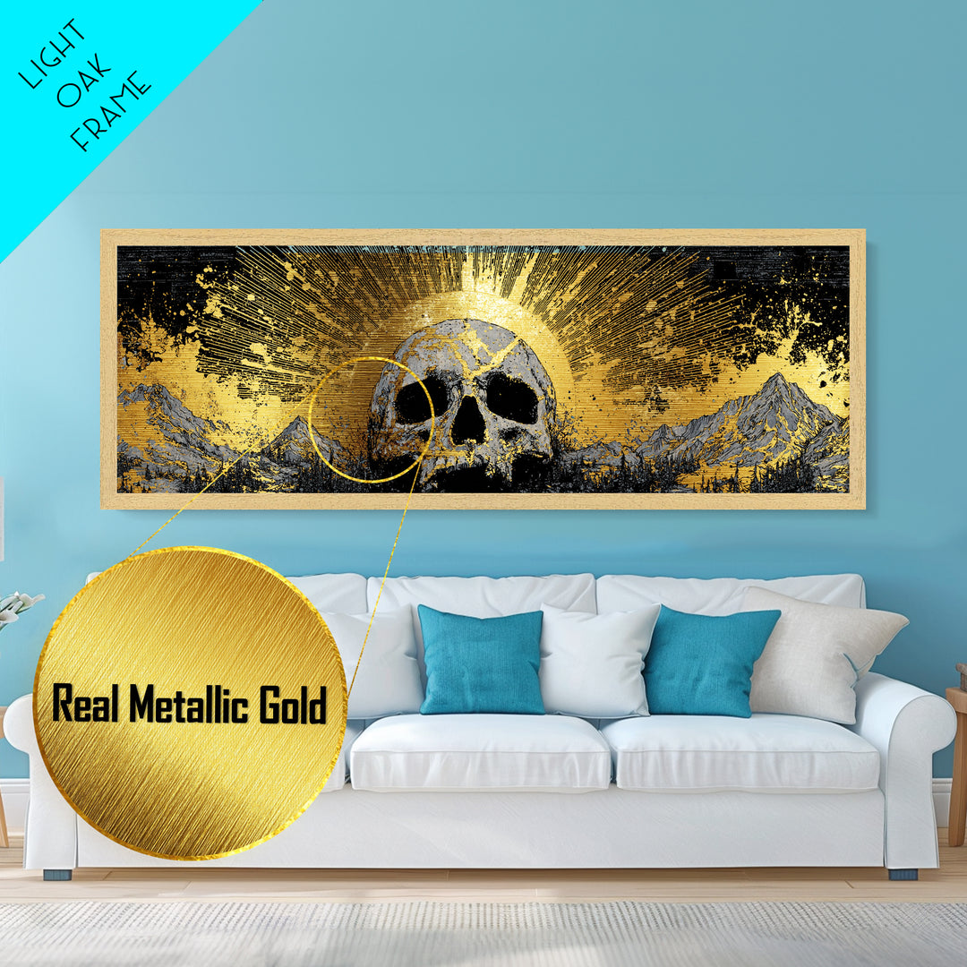 Nordic Mythology Metallic Gold Art, Ymir Skull Landscape Metal Art with Natural Wood Frame, Viking Man Cave Wall Decor