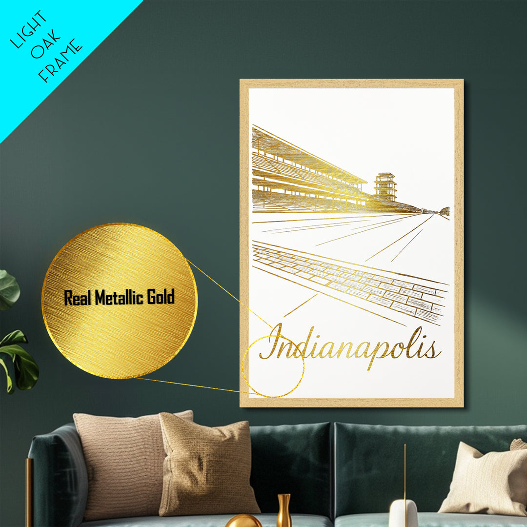 Indianapolis Indiana Art, Metallic Gold Print, Wood Framed Art, Metal Art, Minimalist Wall Art, Anniversary Gift, Living Room Art