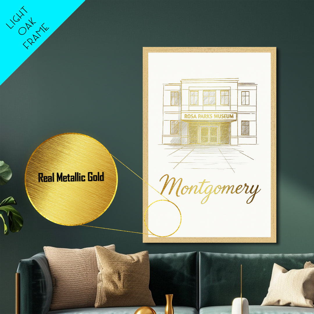 Montgomery Alabama Art, Metallic Gold Art, Wood Framed Art, Metal Art, Birthday Gift, Entryway Wall Print, Hallway Wall Art