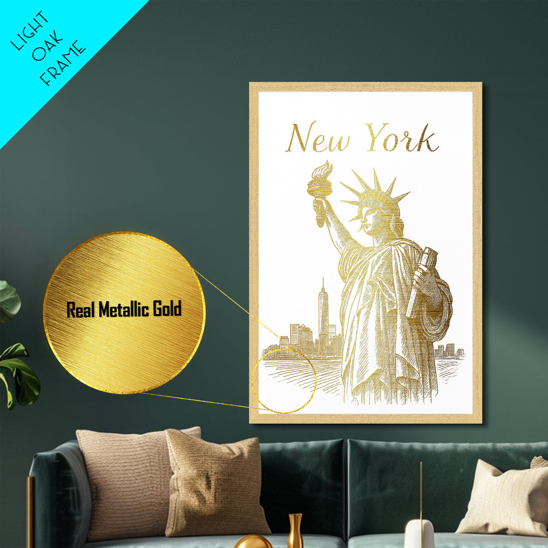 New York New York Art, Metallic Gold Art, Wood Framed Art, Metal Art, Minimalist Wall Art, Destination Gift, Living Room Art