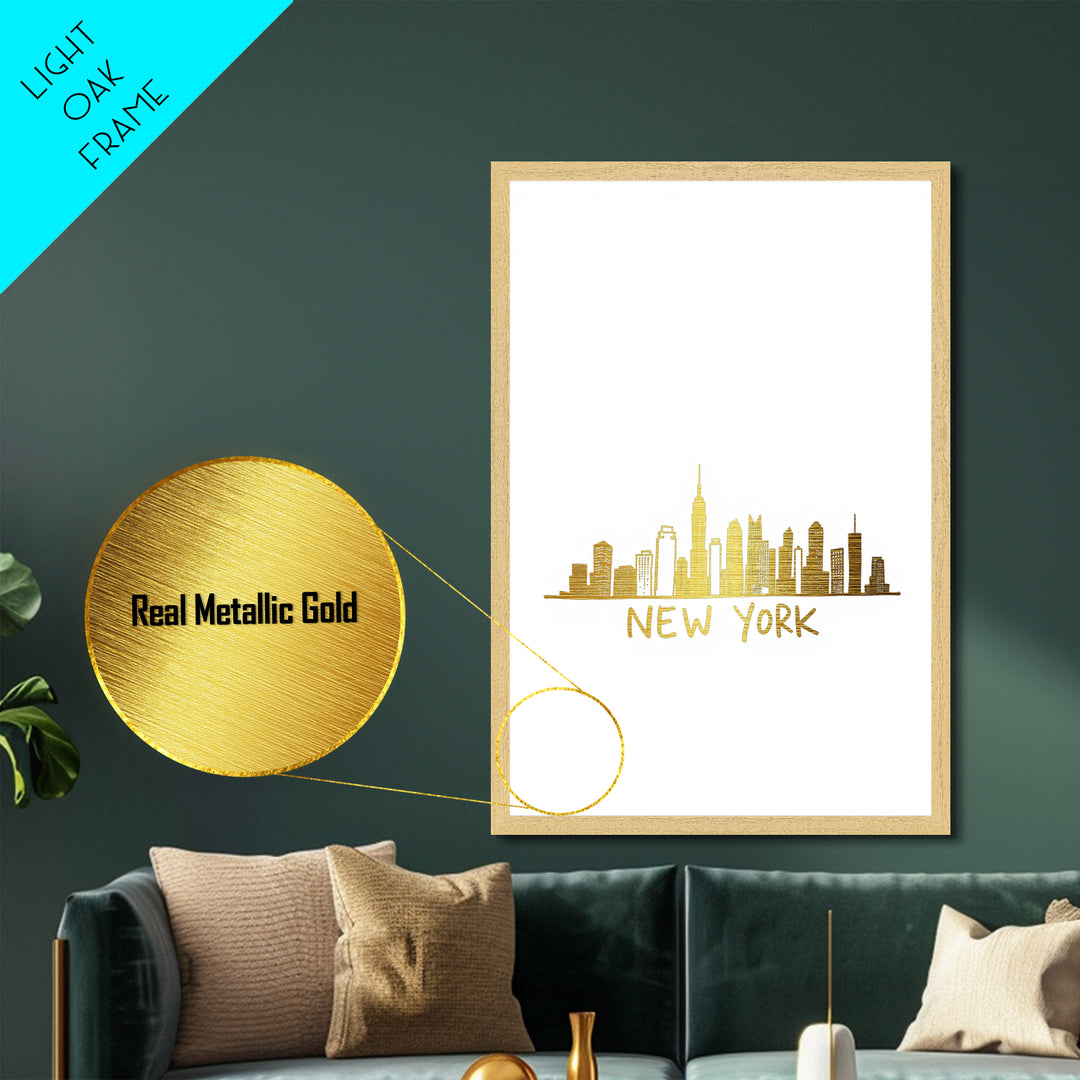 New York New York Travel, Metallic Gold Print, Wood Framed Art, Metal Art, Modern House Art, Honeymoon Gift, Bedroom Wall Art