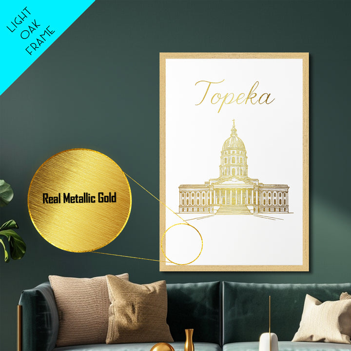 Topeka Kansas Travel, Metallic Gold Print, Wood Framed Art, Metal Art, Modern House Art, Birthday Travel Gift, Living Room Decor