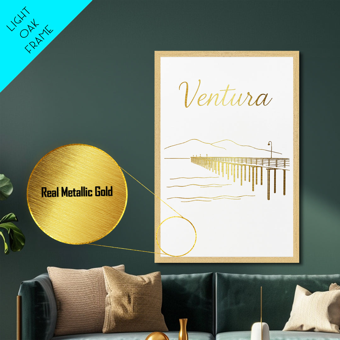 Ventura California Travel, Metallic Gold Print, Wood Framed Art, Metal Art, Modern Wall Art, Honeymoon Gift, Office Decor