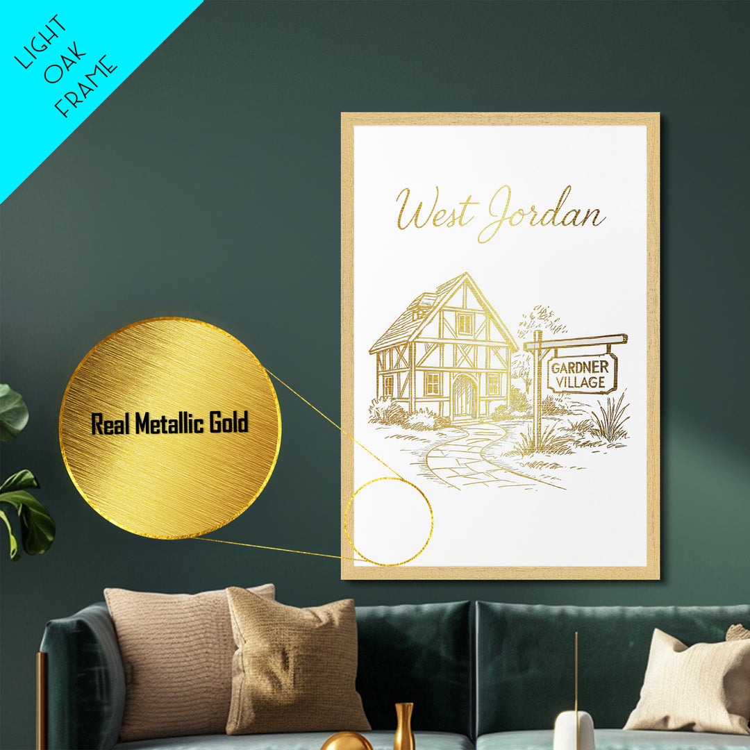 West Jordan Utah Art, Metallic Gold Art, Wood Framed Art, Metal Art, Modern House Art, Birthday Travel Gift, Living Room Decor