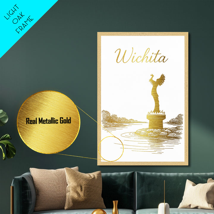 Wichita Kansas Travel, Metallic Gold Print, Wood Framed Art, Metal Art, Minimalist Wall Art, Destination Gift, Home Decor