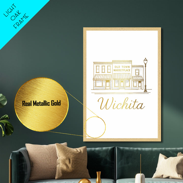 Wichita Kansas Art, Metallic Gold Art, Wood Framed Art, Metal Art, Modern House Art, Wanderlust Gift, Bedroom Decor