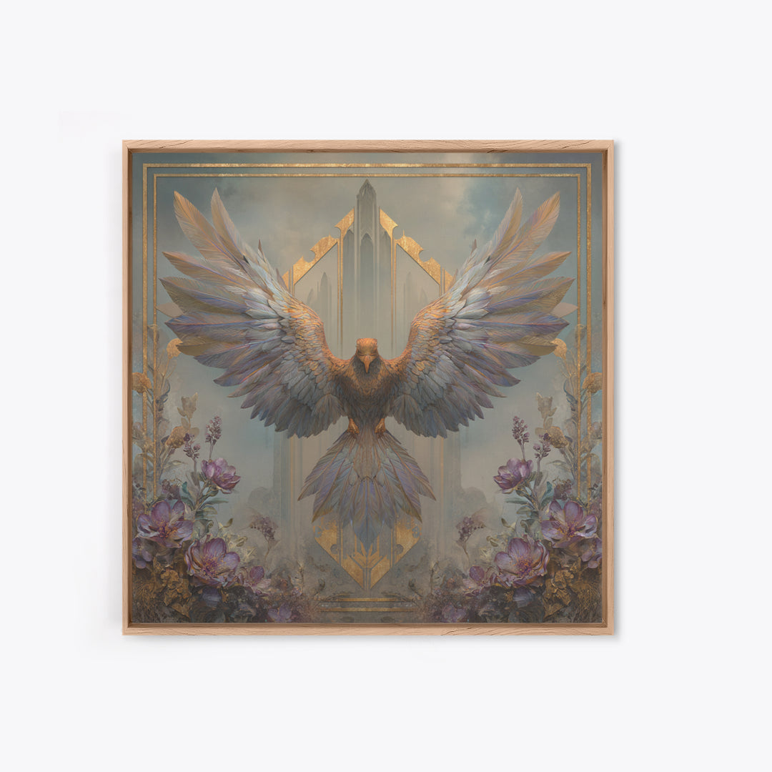 Icarus Falling Through Golden Sky and Feathers Framed Canvas Print, Mythological Art, Living Room Decor, Fine Art, Legend, MYT-1x1-52