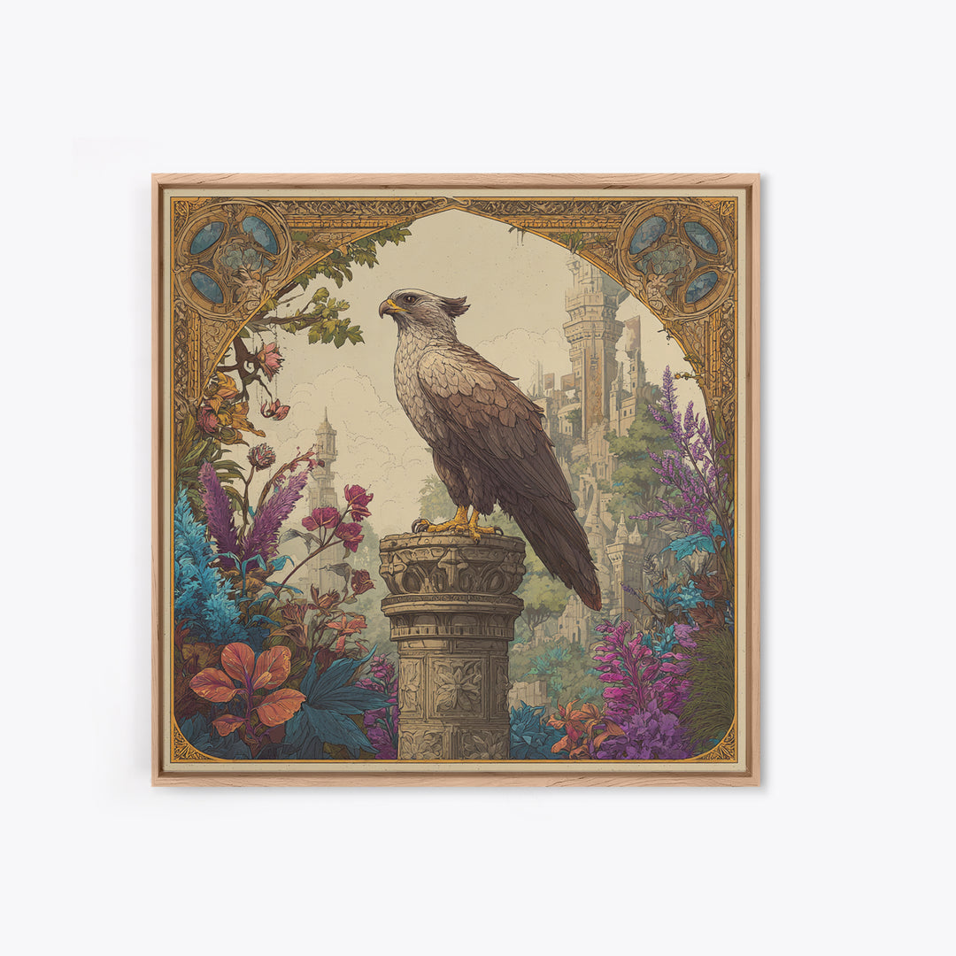 Griffin Perched on Ancient Stone Column Canvas Print, Mythological Art, Neutral Decor, Living Room Decor, Fine Art, Legend, MYT-1x1-86