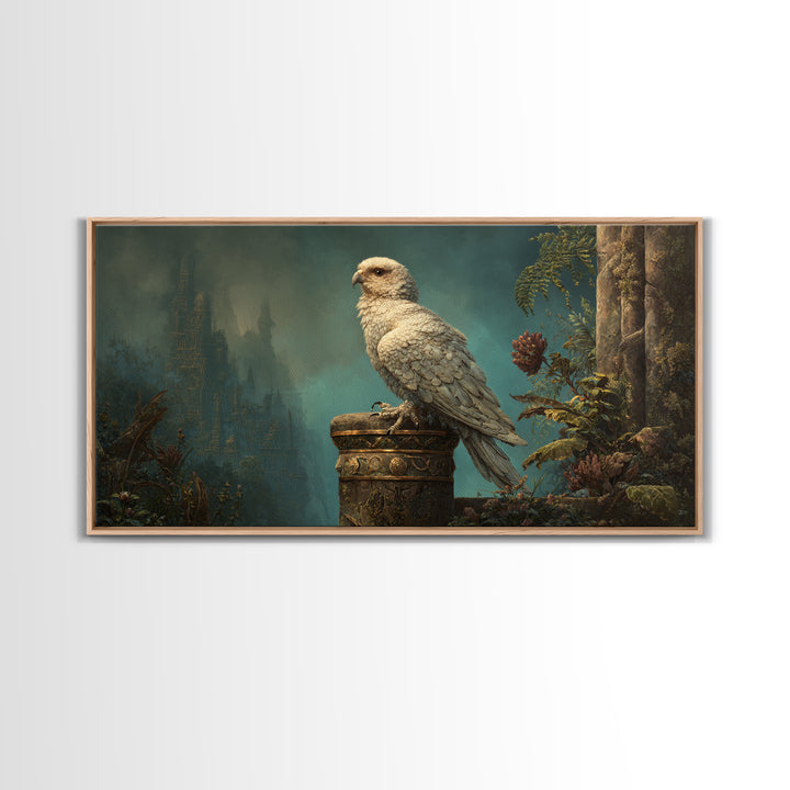 Griffin Perched on Ancient Stone Column Framed Canvas Print, Mythological Art, Luxury Decor, Living Room Decor, Legend, MYT-2x1-34
