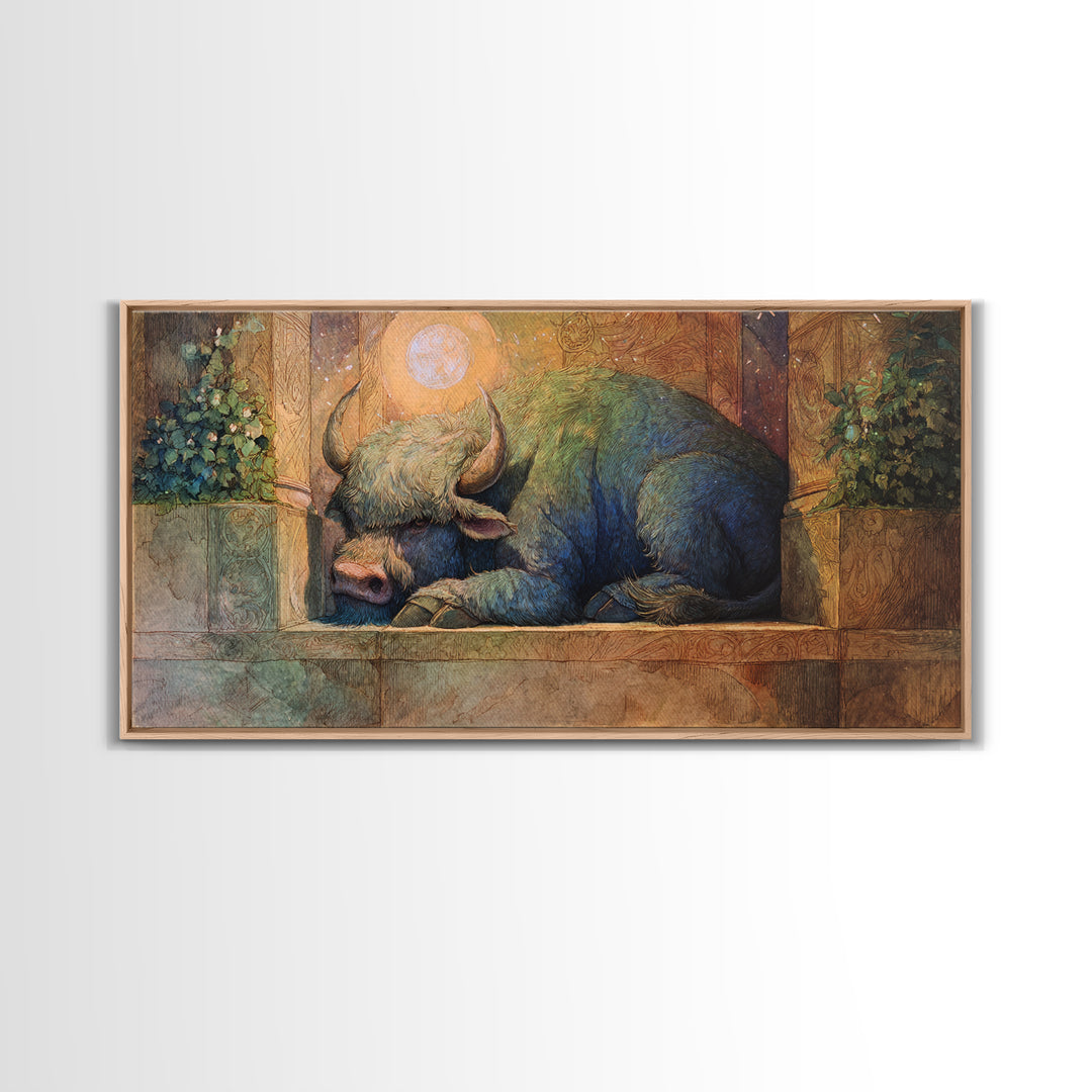 Minotaur in Labyrinth of Warm Stone Framed Canvas Print, Mythological Art, Minimalist Decor, Living Room Decor, Legend, MYT-2x1-37