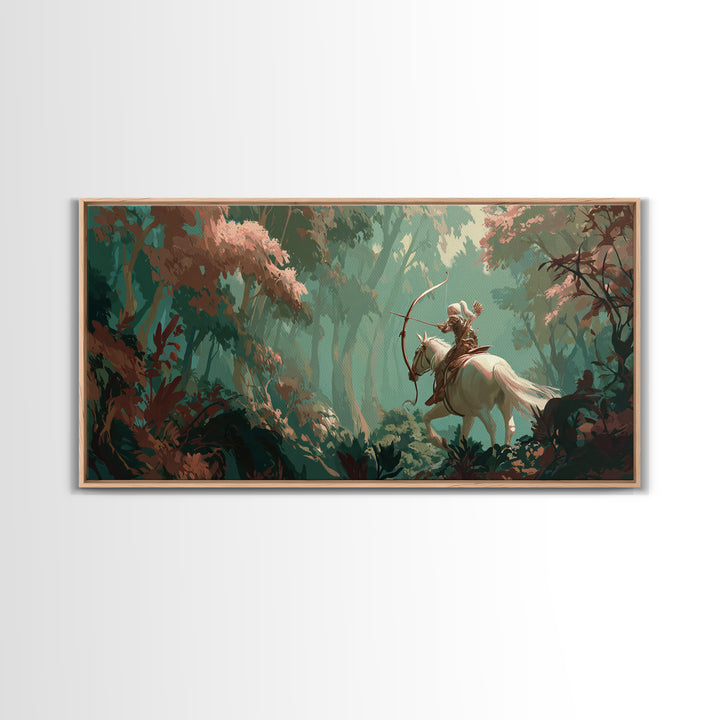 Centaur Archer in Misty Forest Framed Canvas Print, Mythological Art, Prints, Living Room Decor, Legend, Dark Academia Decor, MYT-2x1-60