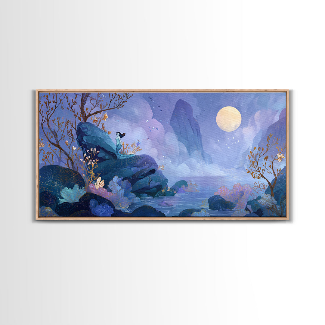 Mermaid Siren on Rocks Framed Canvas Print, Mythological Art, Contemporary Art, Living Room Decor, Legend, Digital Wall Art, MYT-2x1-83