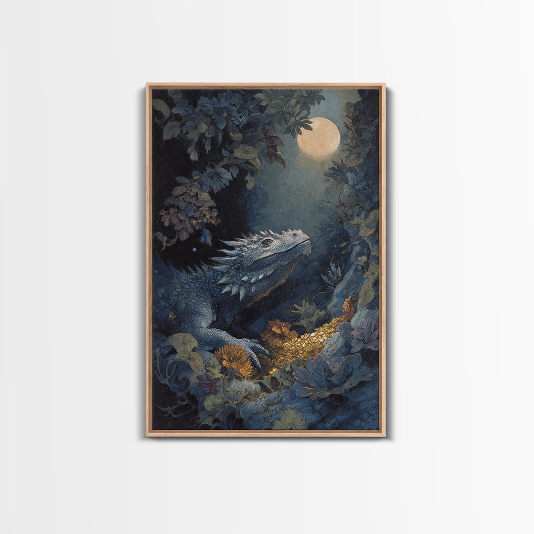 Dragon Guarding a Hoard of Ancient Gold Framed Canvas Print, Mythological Art, Luxury Decor, Living Room Decor, Legend, MYT-2x3-100