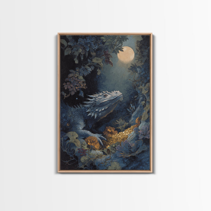 Dragon Guarding a Hoard of Ancient Gold Framed Canvas Print, Mythological Art, Luxury Decor, Living Room Decor, Legend, MYT-2x3-100
