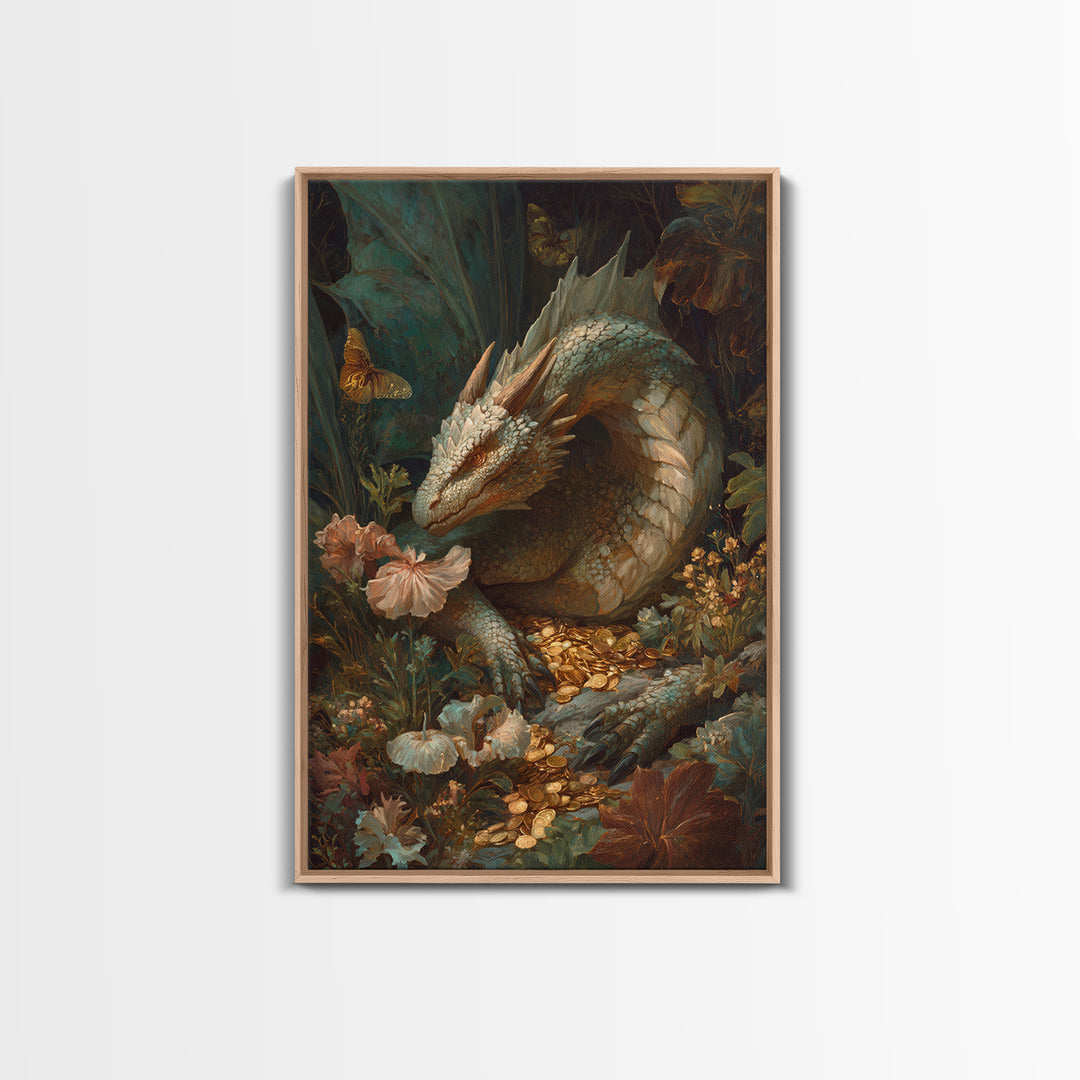Dragon Guarding a Hoard of Ancient Gold Framed Canvas Print, Mythological Art, Fine Art Print, Living Room Decor, Legend, MYT-2x3-4