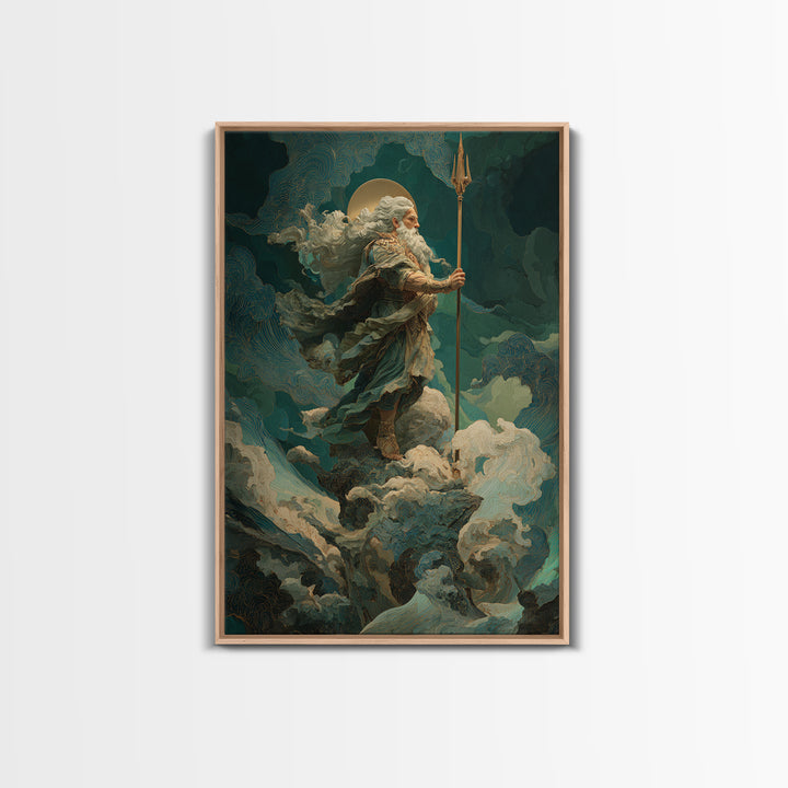 Poseidon Figure Rising from Stormy Ocean Framed Canvas Print, Mythological Art, Portrait, Living Room Decor, Fine Art, Legend, MYT-2x3-83