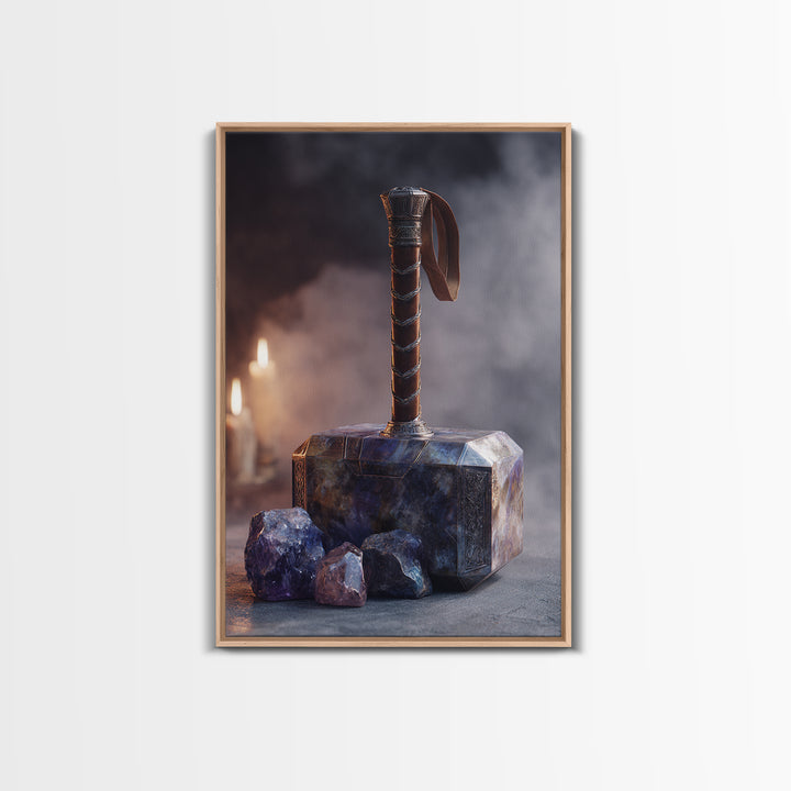 Thor Hammer and Lightning Still Life Framed Canvas Print, Mythological Art, Print, Living Room Decor, Fine Art, Legend, MYT-2x3-90