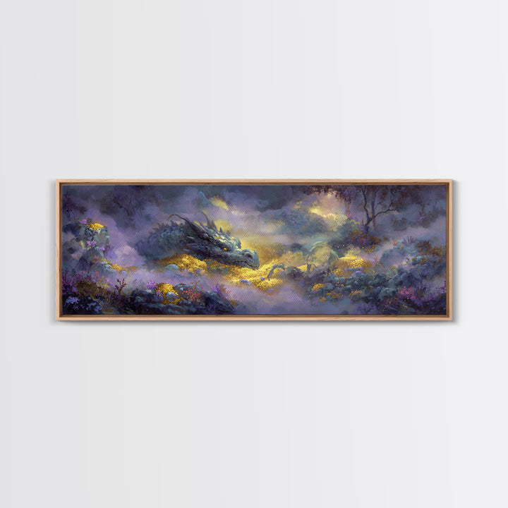 Dragon Guarding a Hoard of Ancient Gold Canvas Print, Mythological Art, Digital Art Download, Living Room Decor, Legend, MYT-3x1-36