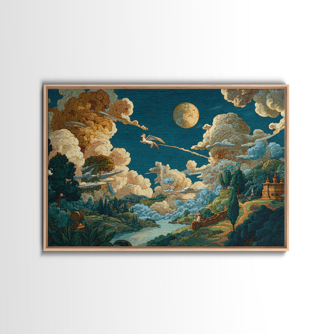 Pegasus Flying Above Cloud Kingdom Framed Canvas Print, Mythological Art, Living Room Decor, Abstract Art, Legend, Home Decor, MYT-3x2-25