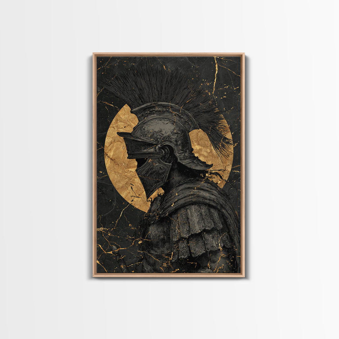 Roman Warrior Gold Canvas Print, Ancient Soldier Wall Art On Canvas, Real Wood Frame Decor, Historical Mythology Artwork