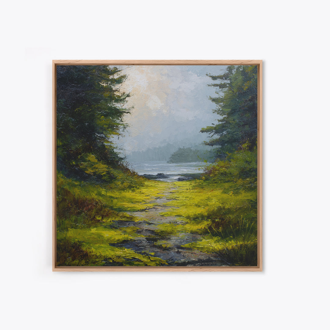 Sunlit Forest Path Framed Canvas Print, Nature Art, Bird Wall Art, Living Room Decor, Fine Art, Nature, Textured Painting, NAT-1x1-1