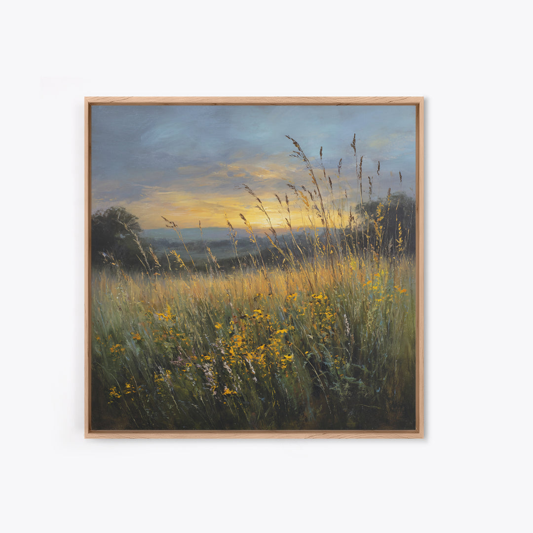 Sunrise Through Tall Grass and Wildflowers Framed Canvas Print, Nature Art, Framed Art, Living Room Decor, Watercolor Art, NAT-1x1-11