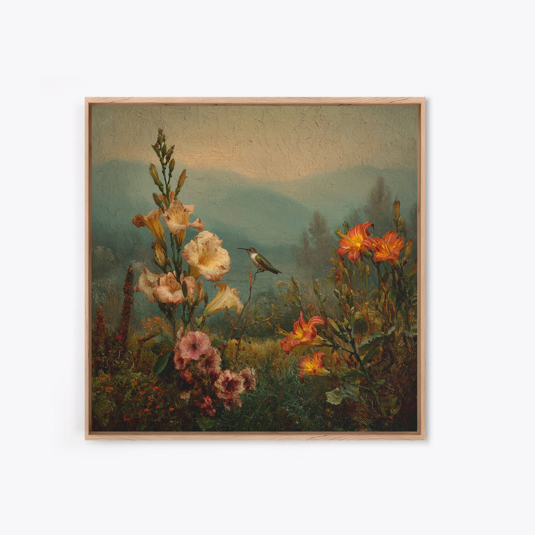 Hummingbird Beside Bright Trumpet Flowers Framed Canvas Print, Nature Art, Art, Living Room Decor, Oil Painting, Nature, NAT-1x1-12