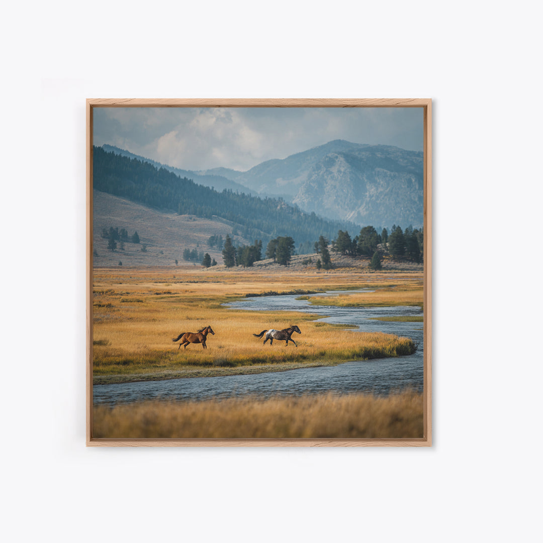 Wild Horses Running Near Mountain Ridge Canvas Print, Nature Art, Modern Wall Art, Living Room Decor, Fine Art, Nature, NAT-1x1-22