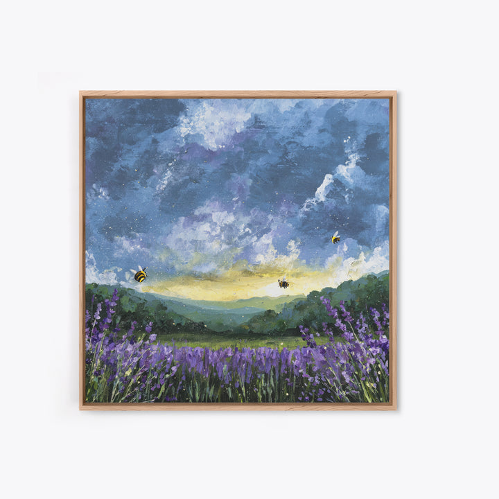 Bees Circling Lavender Blossoms Canvas Print, Nature Art, Original Painting, Living Room Decor, Nature, Mountain Wall Art, NAT-1x1-23