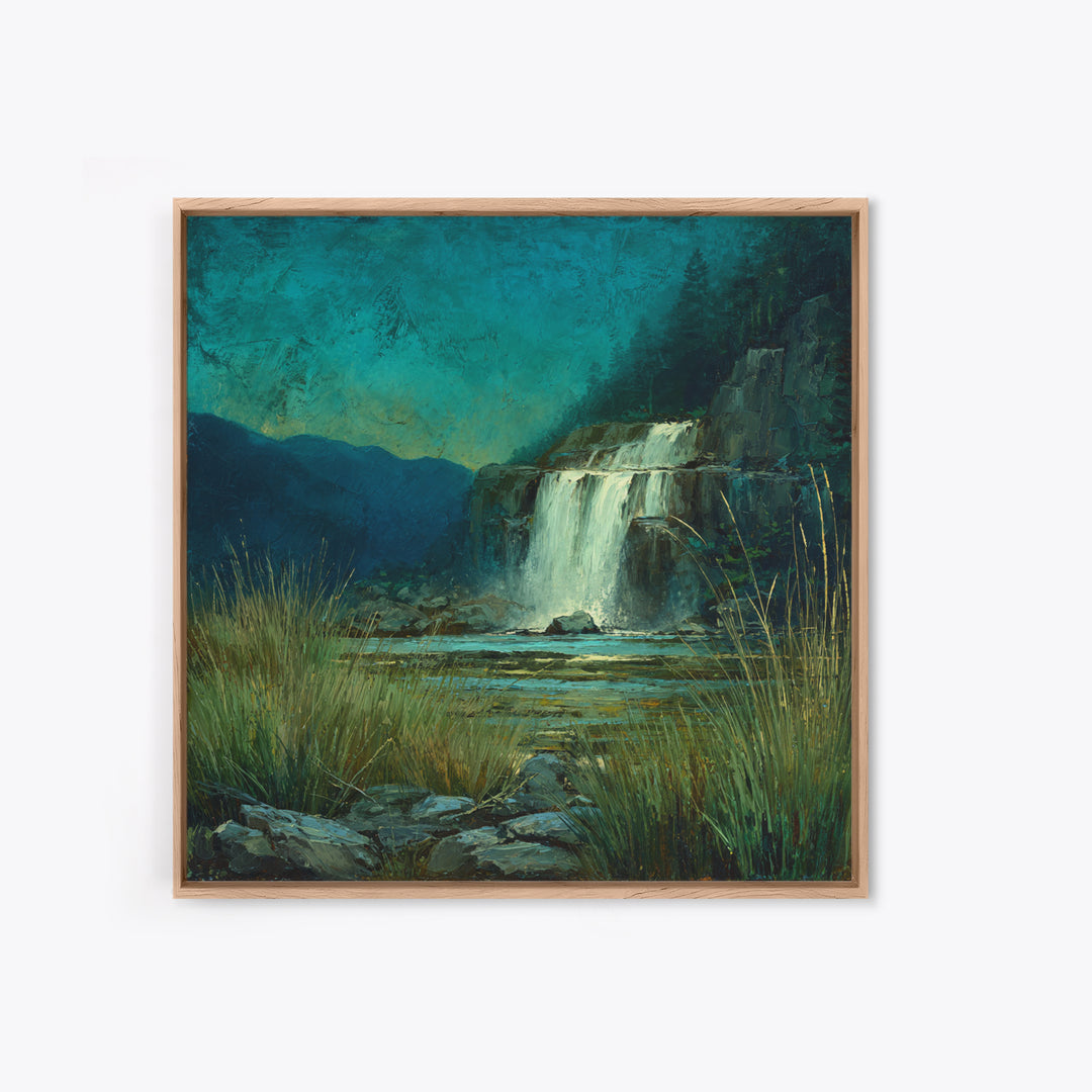 Waterfall Hidden Among Dark Green Rocks Framed Canvas Print, Nature Art, 3d Wall Art, Living Room Decor, Fine Art, Nature, NAT-1x1-27