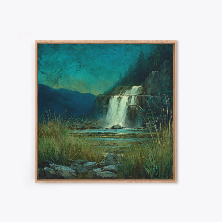 Waterfall Hidden Among Dark Green Rocks Framed Canvas Print, Nature Art, 3d Wall Art, Living Room Decor, Fine Art, Nature, NAT-1x1-27