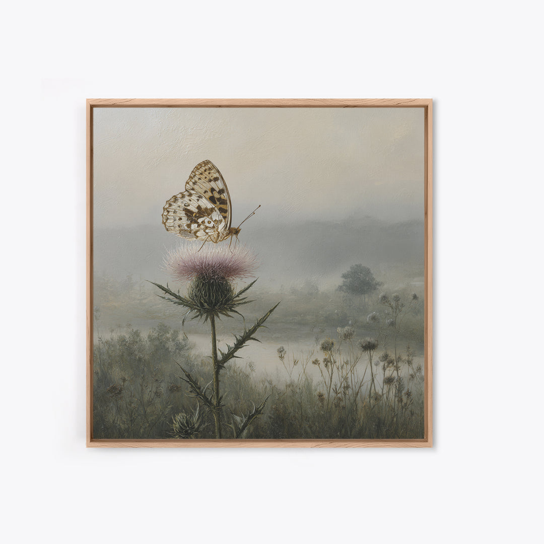 Butterfly Resting on a Blooming Thistle Framed Canvas Print, Nature Art, Living Room Decor, Oil Painting, Nature, NAT-1x1-28