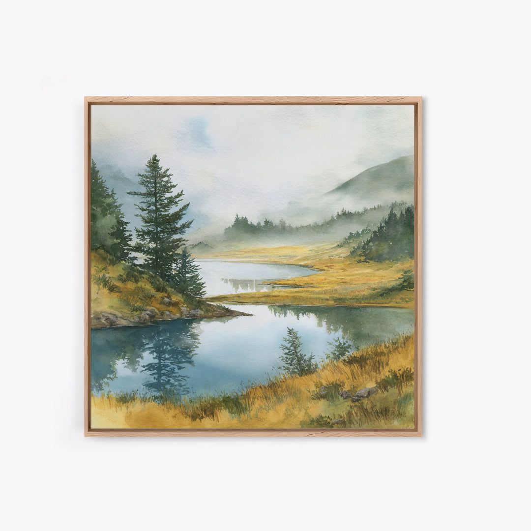Misty Mountain Lake Framed Canvas Print, Nature Art, Fine Art Print, Living Room Decor, Watercolor Art, Nature, Poster, NAT-1x1-29