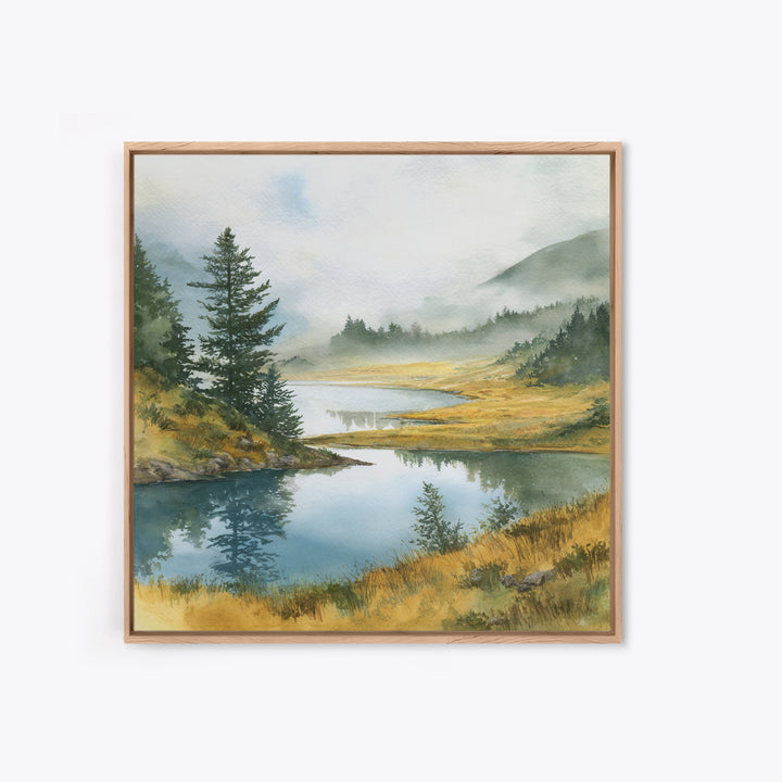 Misty Mountain Lake Framed Canvas Print, Nature Art, Fine Art Print, Living Room Decor, Watercolor Art, Nature, Poster, NAT-1x1-29