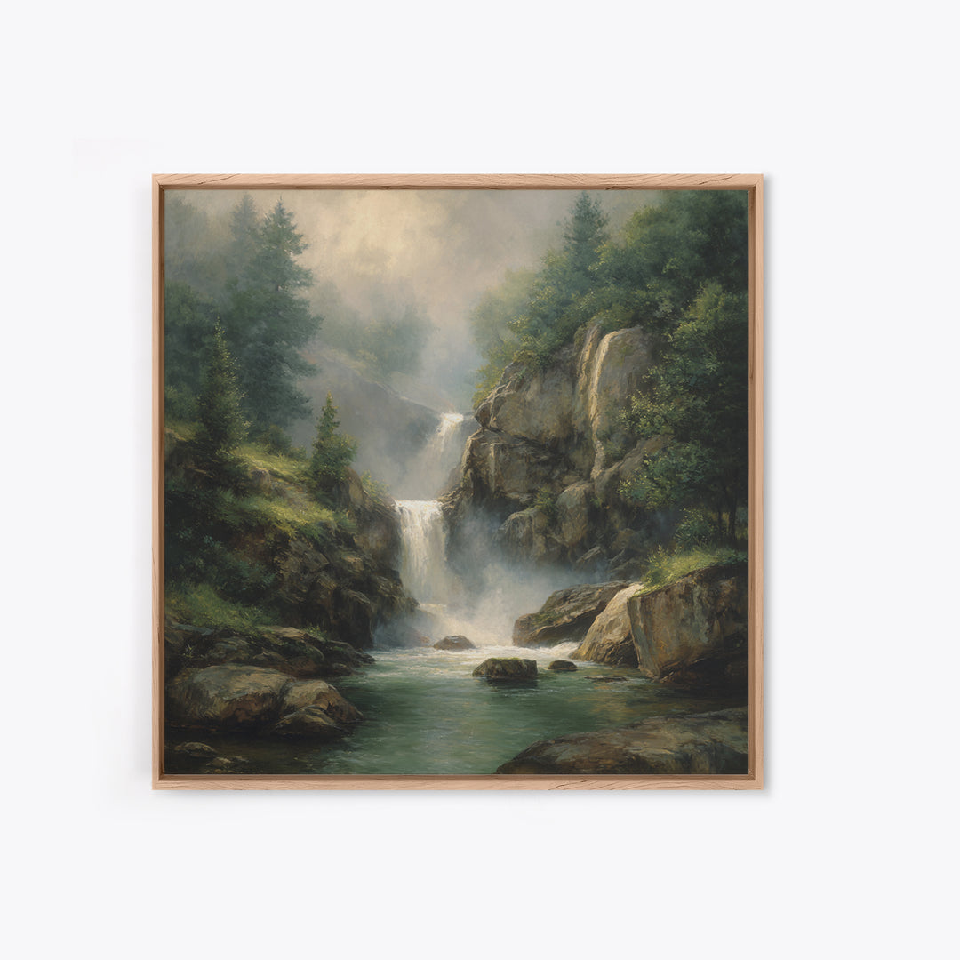 Waterfall Hidden Among Dark Green Rocks Canvas Print, Nature Art, Floral, Living Room Decor, Abstract Art, Nature, Moss Art, NAT-1x1-3
