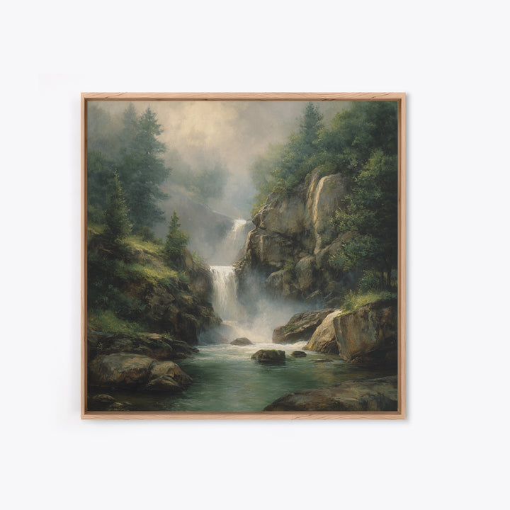 Waterfall Hidden Among Dark Green Rocks Canvas Print, Nature Art, Floral, Living Room Decor, Abstract Art, Nature, Moss Art, NAT-1x1-3