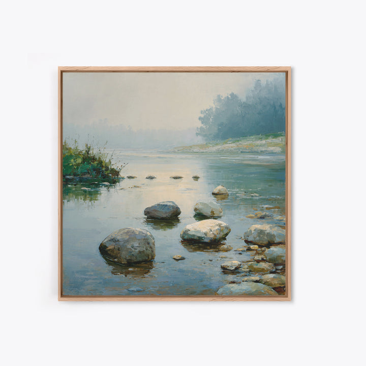 River Stones under Clear Shallow Water Framed Canvas Print, Nature Art, Mountain Art, Living Room Decor, Oil Painting, Nature, NAT-1x1-37