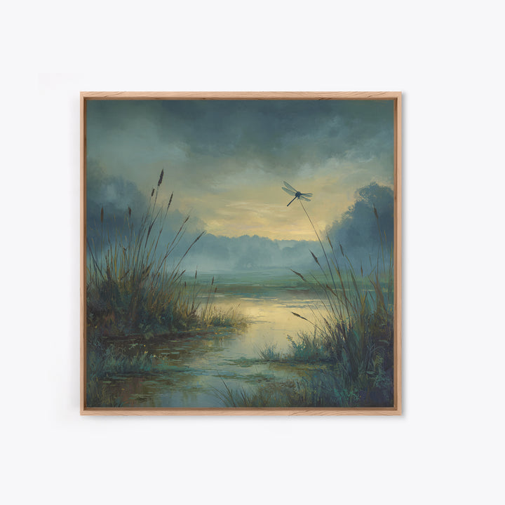 Dragonfly over a Pond with Reeds Framed Canvas Print, Nature Art, Moss Art, Living Room Decor, Abstract Art, Nature, NAT-1x1-42