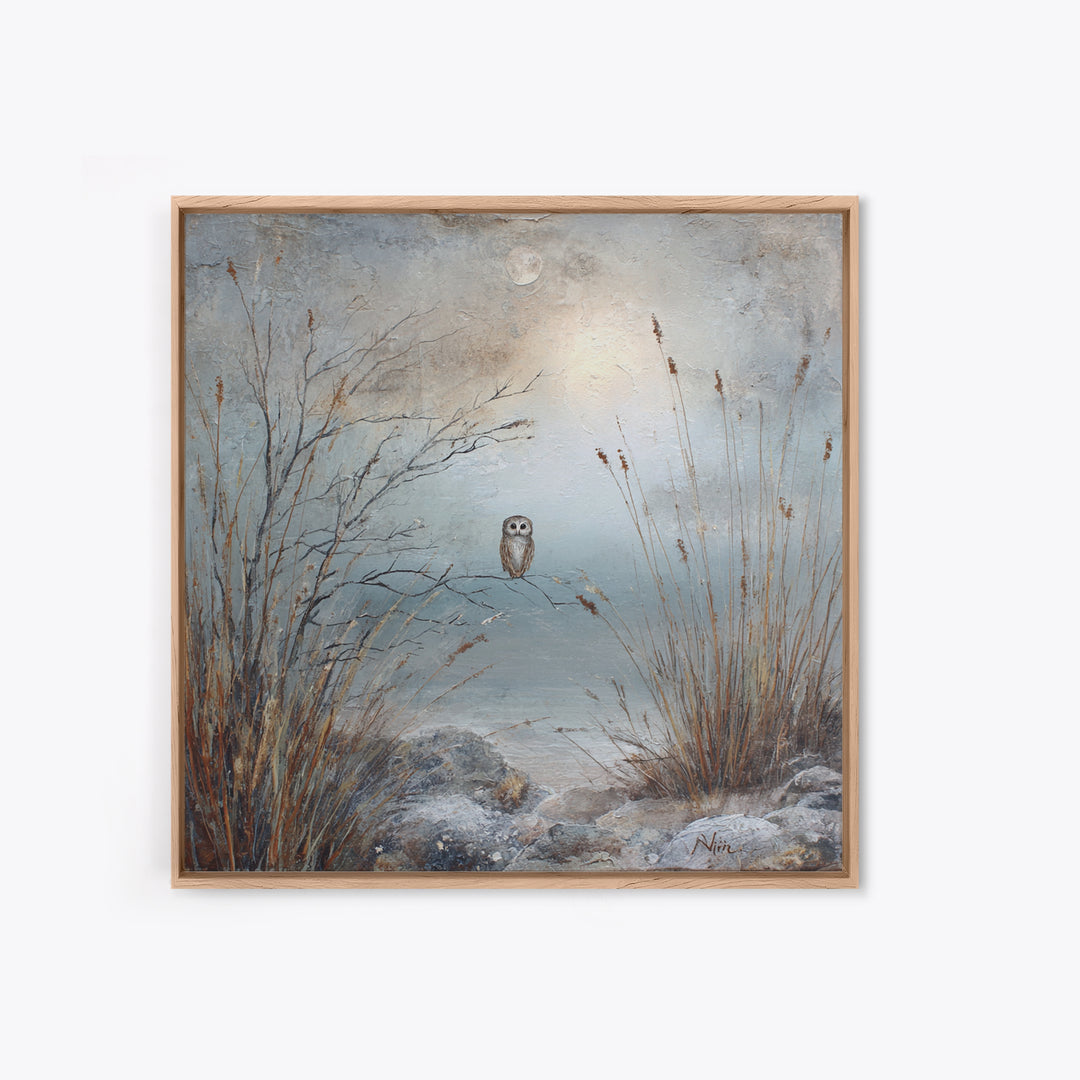 Owl in Moonlit Branches Framed Canvas Print, Nature Art, Living Room Wall Art, Living Room Decor, Nature, Neutral Decor, NAT-1x1-43