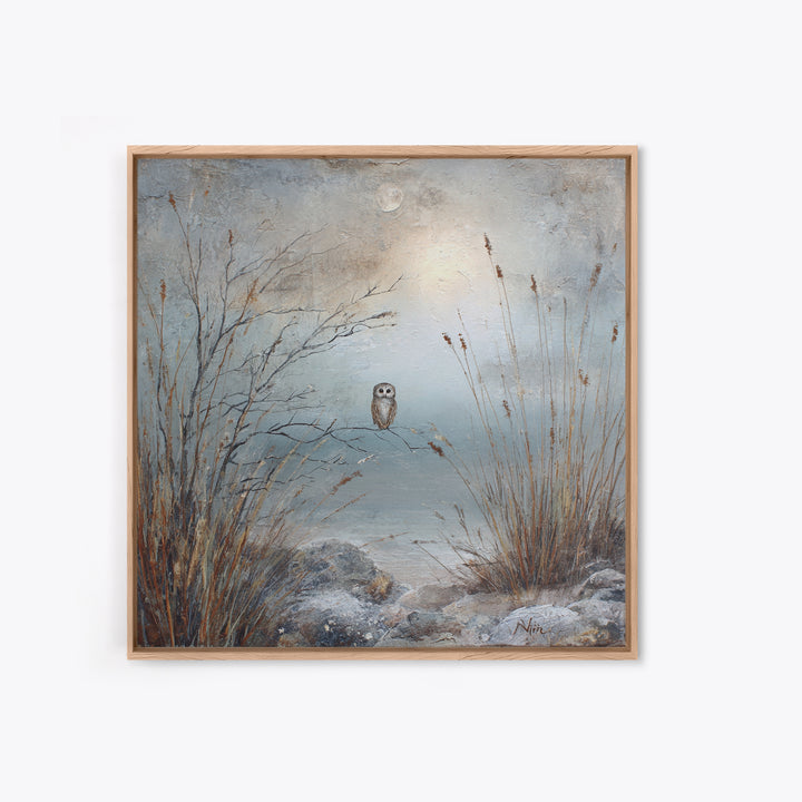 Owl in Moonlit Branches Framed Canvas Print, Nature Art, Living Room Wall Art, Living Room Decor, Nature, Neutral Decor, NAT-1x1-43