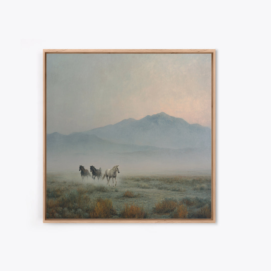 Wild Horses Running Near Mountain Ridge Framed Canvas Print, Nature Art, Landscape Art, Living Room Decor, Oil Painting, Nature, NAT-1x1-46