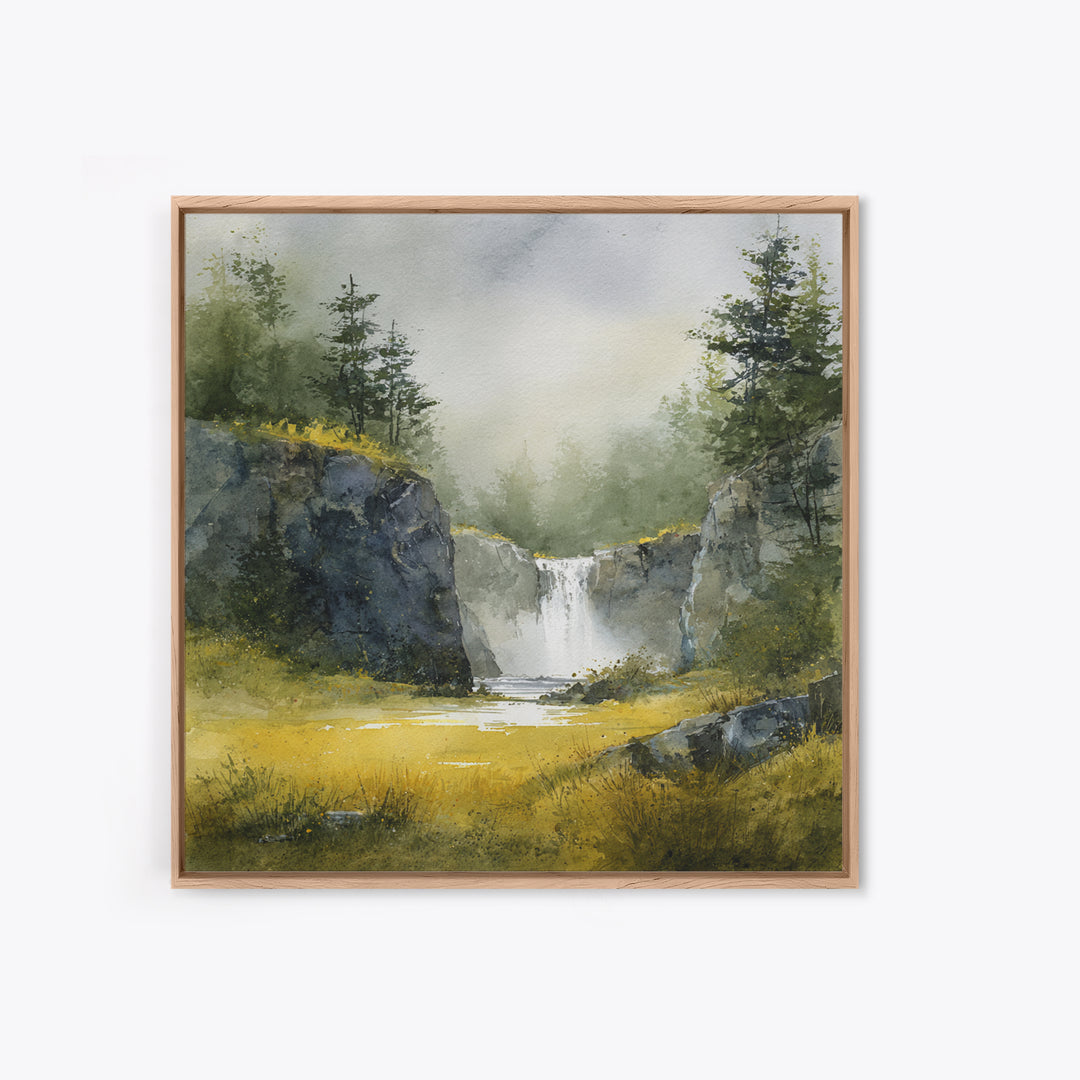 Waterfall Hidden Among Dark Green Rocks Framed Canvas Print, Nature Art, Bird Wall Art, Living Room Decor, Oil Painting, Nature, NAT-1x1-51