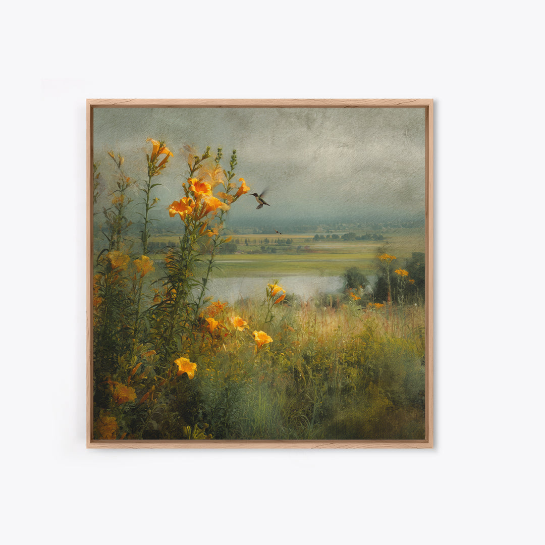 Hummingbird Beside Bright Trumpet Flowers Canvas Print, Nature Art, Stained Glass Art, Living Room Decor, Fine Art, Nature, NAT-1x1-60