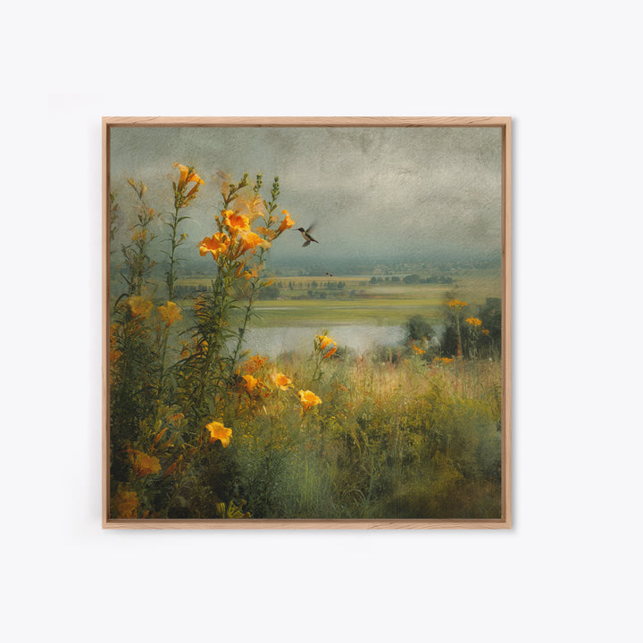Hummingbird Beside Bright Trumpet Flowers Canvas Print, Nature Art, Stained Glass Art, Living Room Decor, Fine Art, Nature, NAT-1x1-60