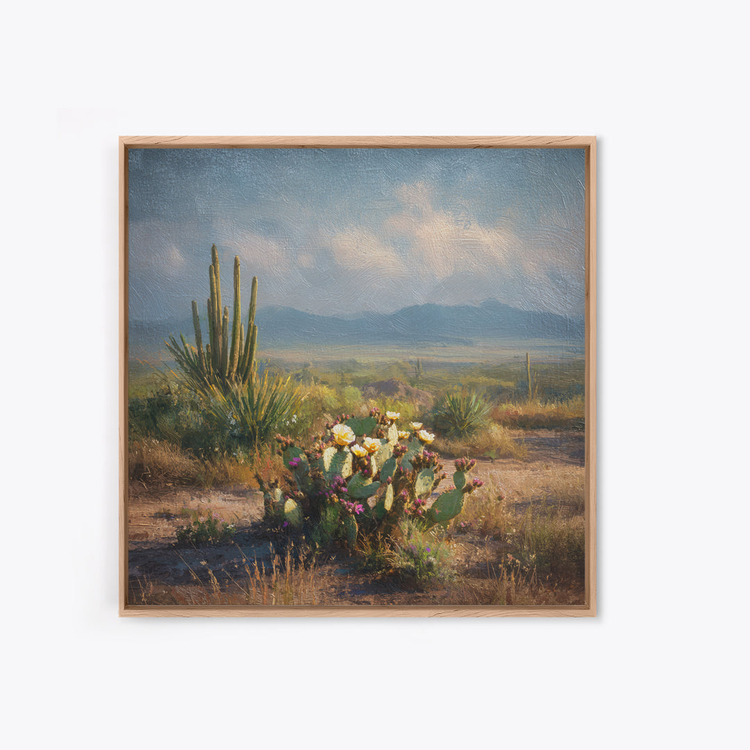 Desert Cactus Blooming After Rain Framed Canvas Print, Nature Art, Moss Art, Living Room Decor, Oil Painting, Nature, NAT-1x1-68