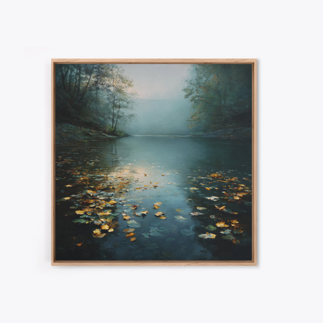 Autumn Leaves Floating on Quiet Stream Framed Canvas Print, Nature Art, Gallery Decor, Living Room Decor, Fine Art, Nature, NAT-1x1-78