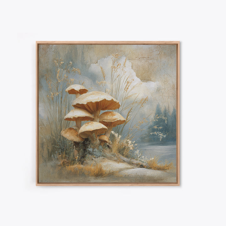 Mushroom Cluster in Enchanted Woodland Framed Canvas Print, Nature Art, Fine Art Print, Living Room Decor, Oil Painting, Nature, NAT-1x1-79