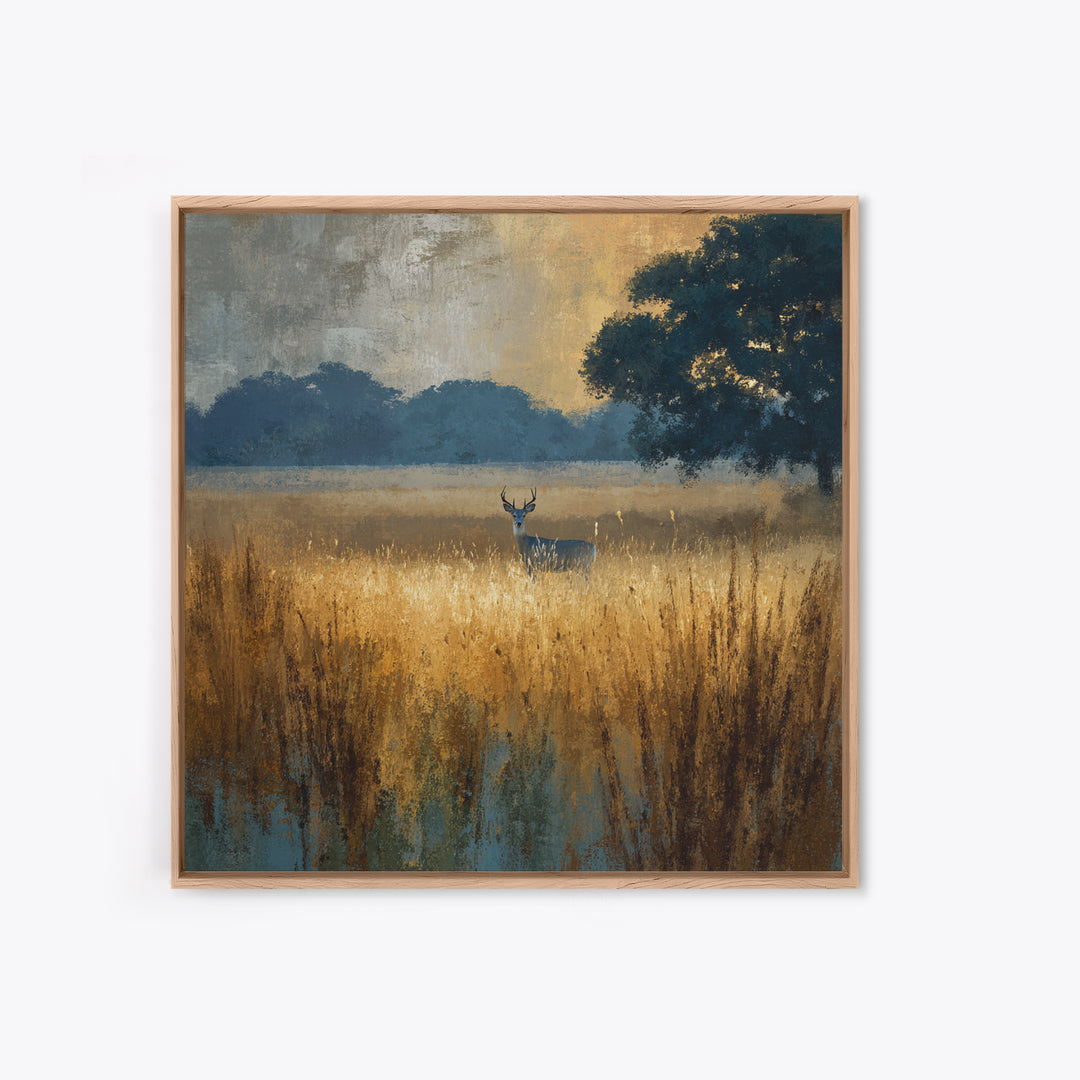 Deer Standing in a Golden Field Framed Canvas Print, Nature Art, Wall Hangings, Living Room Decor, Nature, Stained Glass Art, NAT-1x1-8