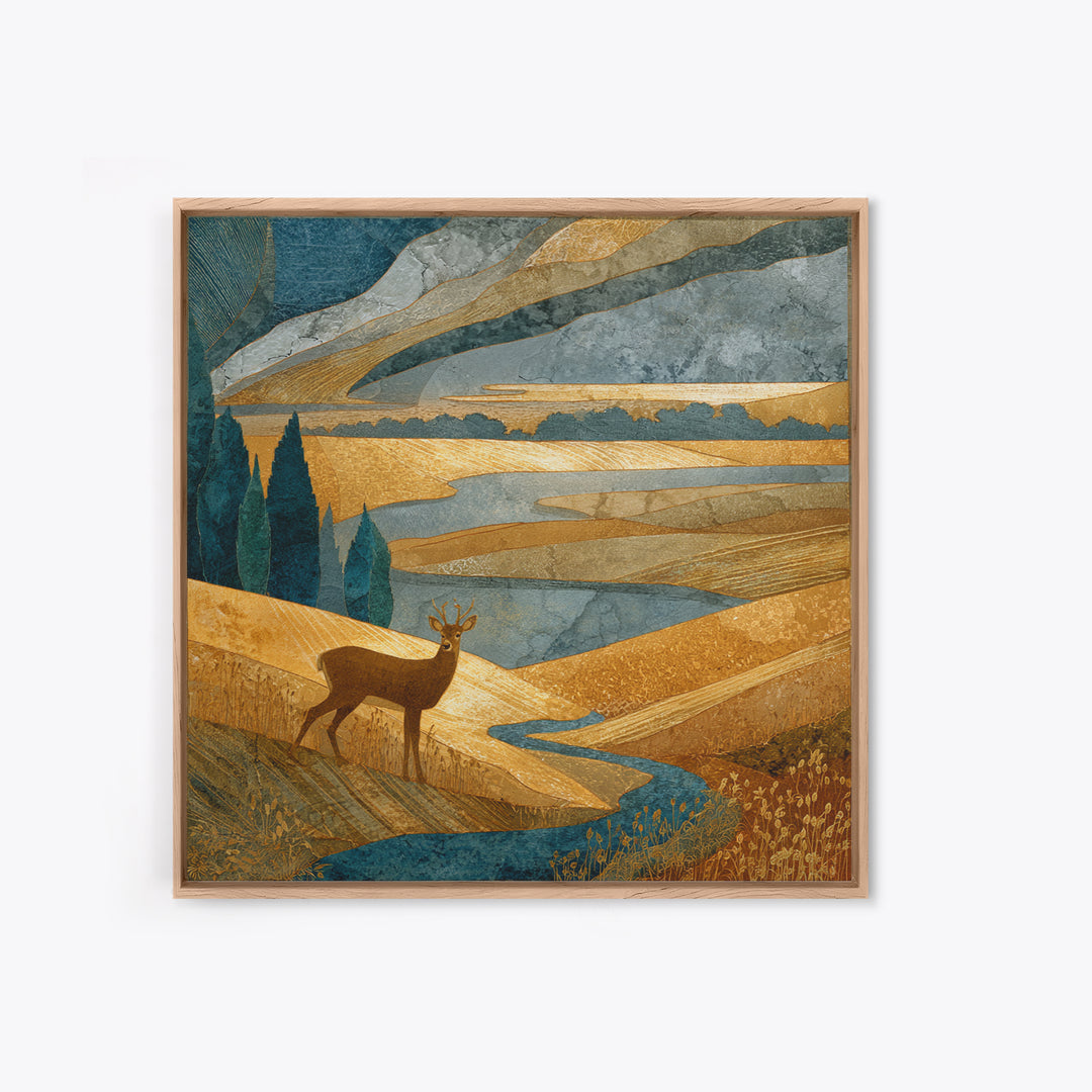 Deer Standing in a Golden Field Framed Canvas Print, Nature Art, Modern Decor, Living Room Decor, Fine Art, Nature, Home Decor, NAT-1x1-80